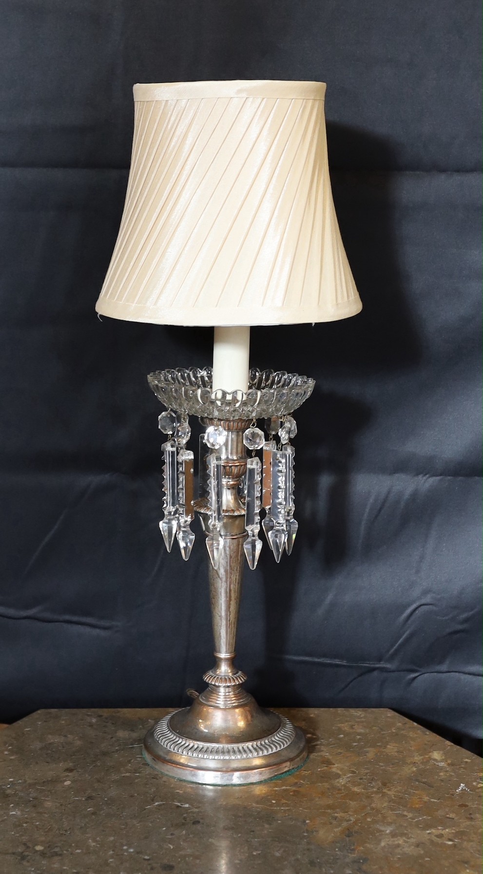 A pair of old Sheffield plate table lamps with moulded and cut glass lustre drops, height 44cm